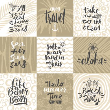 Set of summer holidays and tropical vacation hand drawn posters or greeting card with handwritten calligraphy quotes, phrase and words. Vector illustration.
