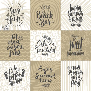 Set of summer holidays and tropical vacation hand drawn posters or greeting card with handwritten calligraphy quotes, phrase and words. Vector illustration