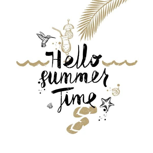 Hello Summer Time - літні канікули та канікули, намальовані рукою Векторні ілюстрації. Котирування каліграфії вручну . — стоковий вектор