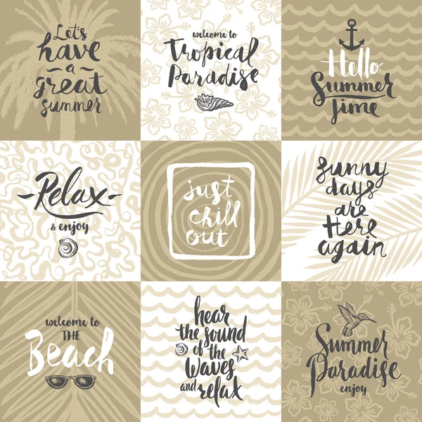 Set of summer holidays and tropical vacation hand drawn posters or greeting card with handwritten calligraphy quotes, phrase and words. Vector illustration — Stockvector