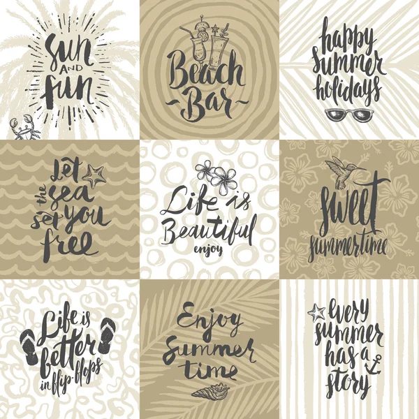 Set of summer holidays and tropical vacation hand drawn posters or greeting card with handwritten calligraphy quotes, phrase and words. Vector illustration — 图库矢量图片