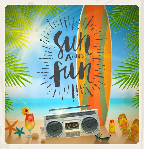 Sun and fun - hand drawn calligraphy. Summer holidays and beach vacation vector illustration. Beach items and surfboard on the shore of tropical sea. — Stock Illustration Sun and fun - hand drawn calligraphy. Summer holidays and beach vacation vector illustration. Beach items and surfboard on the shore of tropical sea. Royalty Free Stock Illustrations