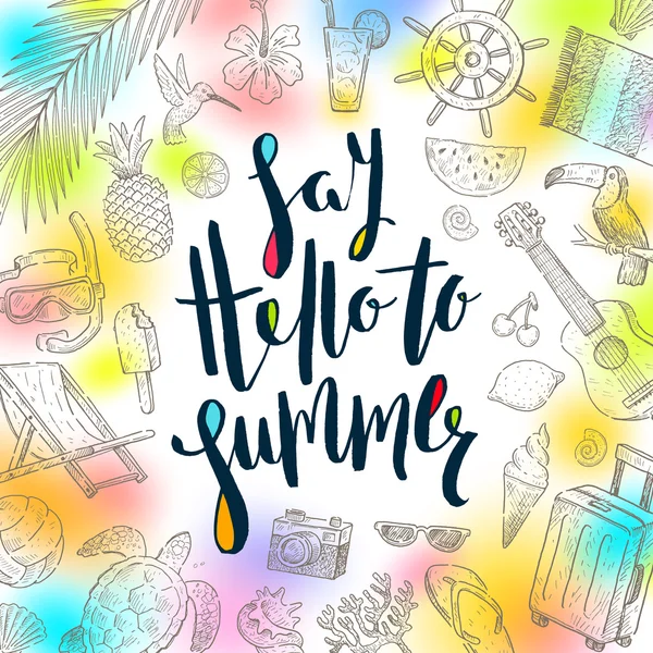 Yaz - yaz tatil tebrik kartı Merhaba de. El yazısı Hat sanatı ve el yaz tatil öğeleri çizilmiş. Vektör çizim — Stok Vektör