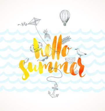 Merhaba yaz. Yaz tatil vektör çizim. El yazısı suluboya fırça hat ve elle çizilmiş tatil yaz ve öğeleri seyahat.