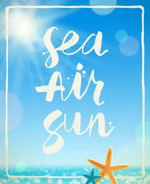 Yaz tatili illüstrasyon - el yazısı fırça hat ve starfishes güneşli deniz manzarası arka plan üzerinde vektör — Stok Vektör