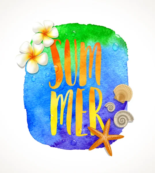 Sommerferienvektorillustration - tropische Blumen, Seesterne und Muscheln auf einem Aquarell-Banner mit handschriftlicher Kalligrafie. — Stockvektor