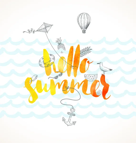 Hallo Sommer. Vektor-Illustration zu den Sommerferien. Handgeschriebene Aquarell-Pinsel-Kalligraphie und handgezeichnete Sommerurlaubs- und Reisegegenstände. — Stockvektor