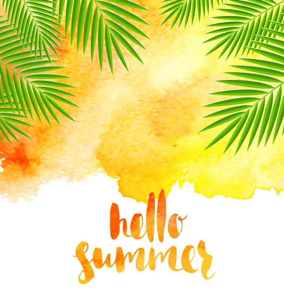 Summer vacation vector illustration - watercolor background with palm tree branches and brush calligraphy. — Stock Vector