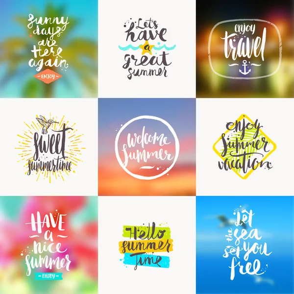 Vector set of summer travel and vacation handwritten calligraphy designs with blurred backgrounds. — Stock Vector