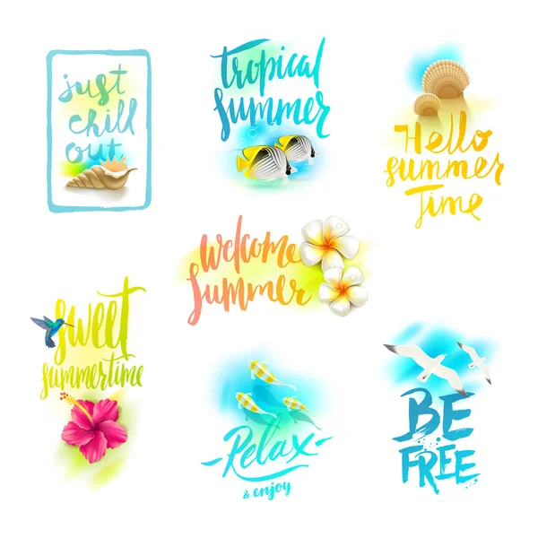 Set of summer holidays and tropical vacation greeting designs with handwritten calligraphy. Vector illustration. — Stock Vector