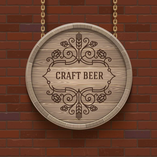 Letrero de barril de madera con emblema de cerveza florece - ilustración de diseño vectorial — Vector de stock