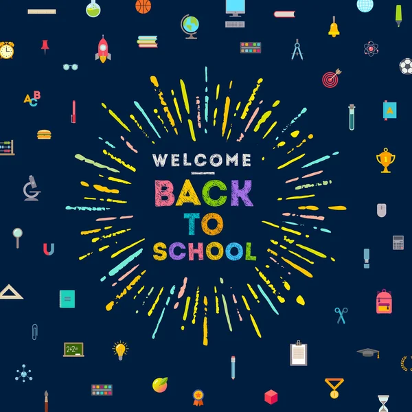Bienvenido de nuevo a la escuela saludo con un rayo de sol multicolor un fondo con objetos y suministros escolares — Vector de stock
