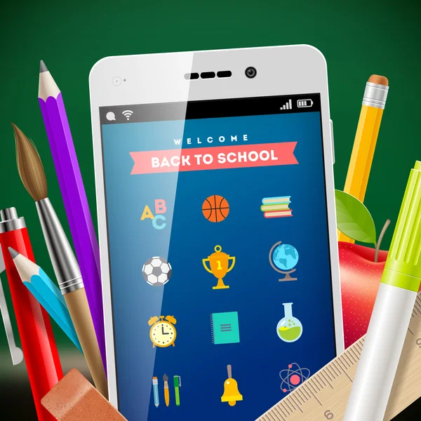 Back to school - vector illustration with smartphone and stationery items — Stock Vector