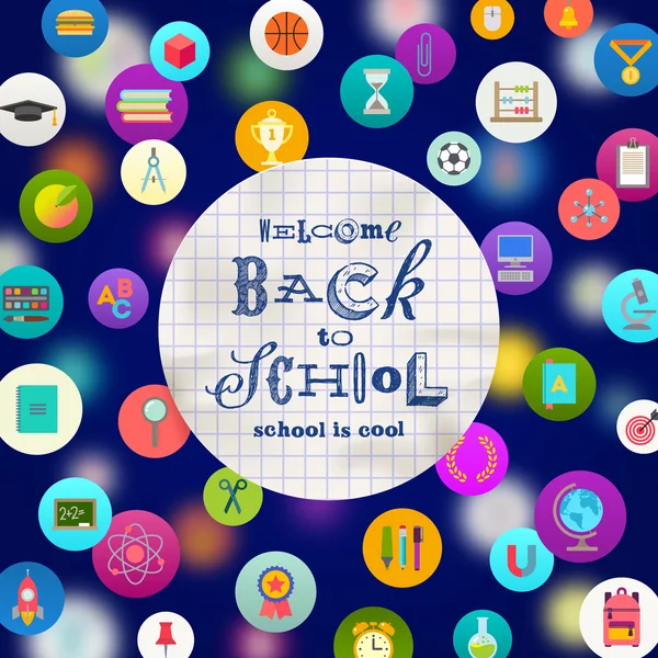 Welcome back to school  - paper banner with hand drawn greeting on a background with school objects and supplies icons — Stock Vector