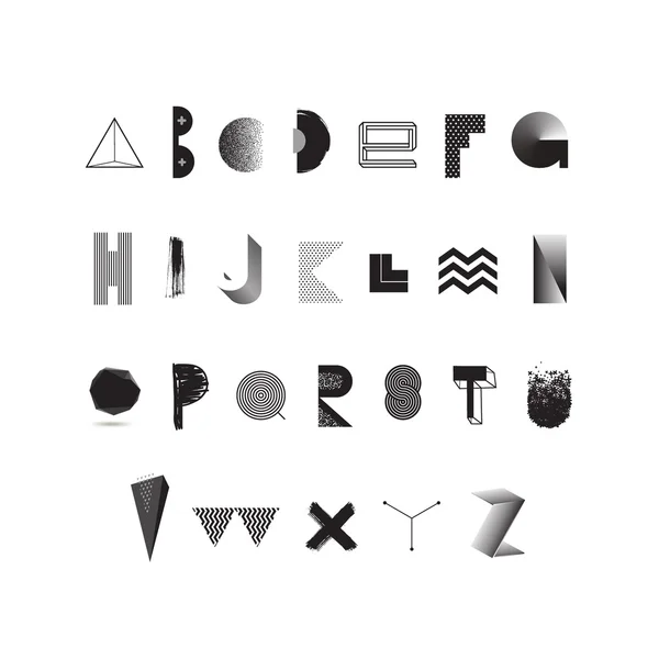 Vetor alfabeto preto e branco. Tipografia moderna feita a partir de diferentes formas abstratas e texturas. Conjunto de fontes . — Vetor de Stock