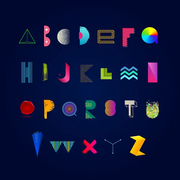 Vetor vibrante alfabeto multicolorido. Tipografia moderna feita a partir de diferentes formas abstratas, texturas e gradiente. Conjunto de fontes . — Vetor de Stock