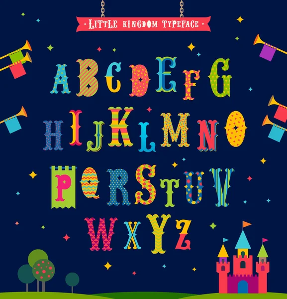 Petit royaume - Dessin animé alphabet multicolore. Caractère décoré de style rétro. Illustration vectorielle. Police définie . — Image vectorielle