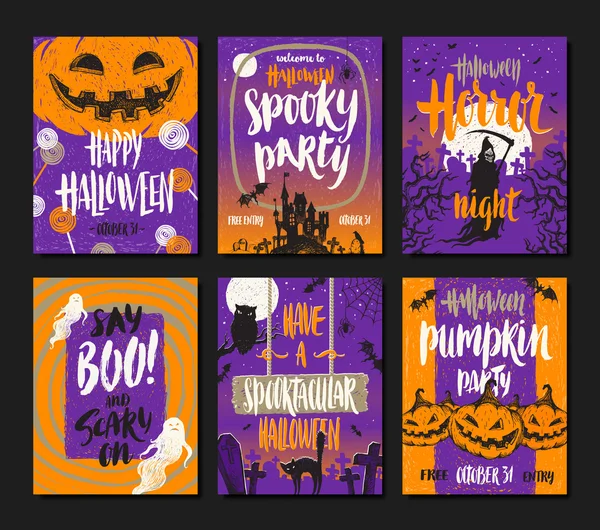 Vector set of Halloween holidays hand drawn posters or greeting card with handwritten calligraphy quotes, words and phrases. — Stock Vector