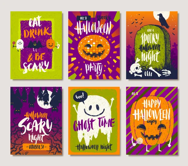 Vectorillustratie. Set van Halloween vakantie hand getrokken posters of wenskaart met handgeschreven kalligrafie offertes, woorden en zinnen. — Stockvector