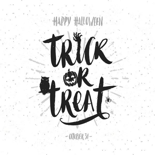 Truco o trato - caligrafía dibujada a mano. Ilustración vectorial Halloween. Cartel de vacaciones o tarjeta de felicitación . — Vector de stock