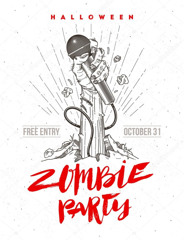 Zombie hand with microphone from ground - invitation for halloween karaoke party. Line art illustration and hand drawn brush calligraphy.