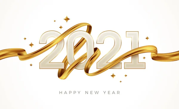 2021年新年のロゴと金色のペイントストローク 黄金のリボンで新年のサイン ベクターイラスト — ストックベクタ