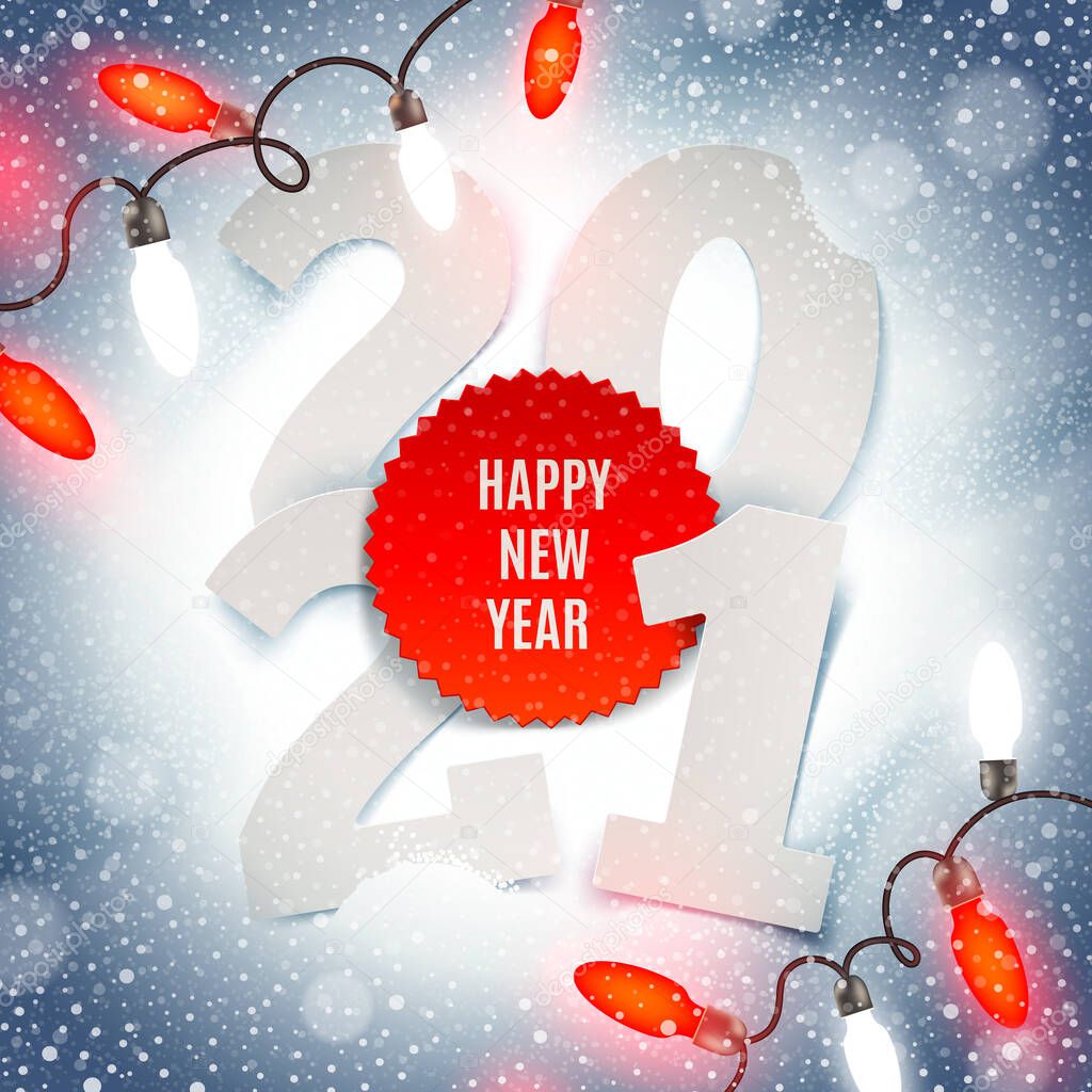 New years 2021 greeting illustration -  paper year number and Holiday light garland on a snow.