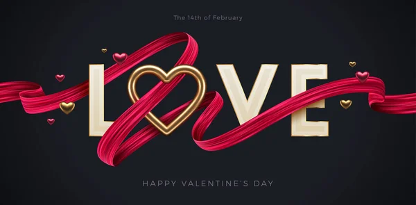 День Святого Валентина Вітальна Ілюстрація Слово Любов Реалістичним Золотим Серцем — стоковий вектор