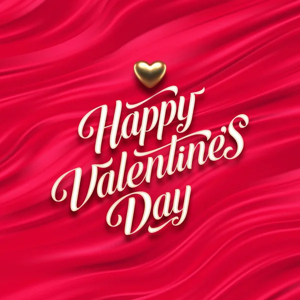 赤い流体波の背景にバレンタインデー書道挨拶と黄金の心 愛のシンボル 現実的な黄金の金属3D心 ベクターイラスト — ストックベクタ