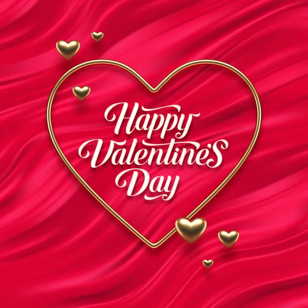 Valentijnsdag Kalligrafische Begroeting Hartvormige Gouden Frame Rode Vloeistof Golven Achtergrond — Stockvector