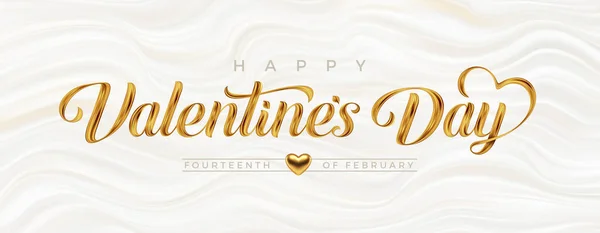 Valentinstag Grußkarte Schriftzug Kalligrafie Mit Goldenem Pinselstrich Auf Flüssigem Wellengrund — Stockvektor