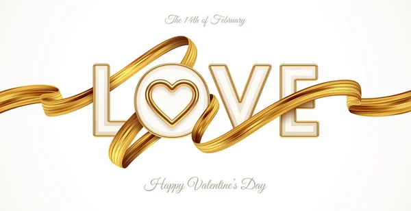Valentinstag Gruß Illustration Wortliebe Mit Realistischem Goldenem Herz Und Pinselstrich — Stockvektor