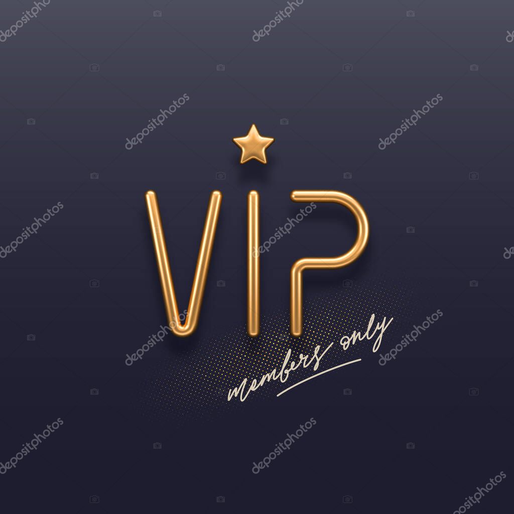 VIP invitation template with 3d golden letters. Realistic golden metal VIP sign on a dark background. Premium design. Vector illustration.