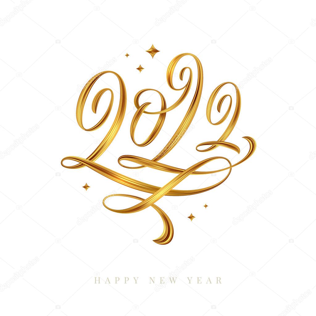 2022 logo - lettering calligraphy. Golden paint brushstroke. Golden New Year sign. Vector illustration.
