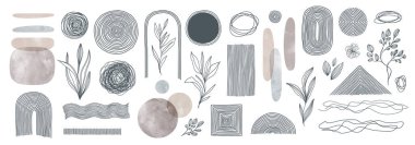 Duvar sanatı için asgari poster seti. İskandinav tarzı el çizimi duvar sanat dekoru. Soyut çizgi sanat tasarım elementleri. Örtü, baskı, poster, duvar süslemesi için kullanılabilir. Vektör illüstrasyonu.