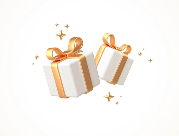 礼物盒隔离在白色上 3D白色礼品盒 金丝带和蝴蝶结 生日庆祝的概念 矢量说明 — 图库矢量图片
