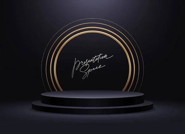 Zwart Podium Voor Premium Productpresentatie Podium Podium Met Gouden Boog — Stockvector