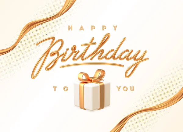 Tarjeta Felicitación Cumpleaños Saludo Caligrafía Caja Regalo Con Arco Oro — Vector de stock