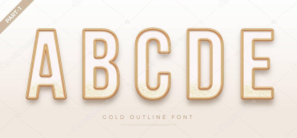 Realistic gold metal font. Golden ouline font. Metallic 3d typeface. English alphabet. Vector illustration.