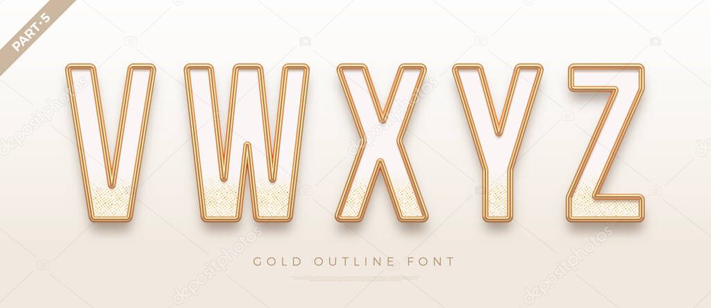 Realistic gold metal font. Golden ouline font. Metallic 3d typeface. English alphabet. Vector illustration.