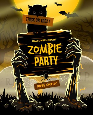 Cadılar Bayramı vektör çizim - zombi için davetiye ile yere ölü adamın kollarından parti