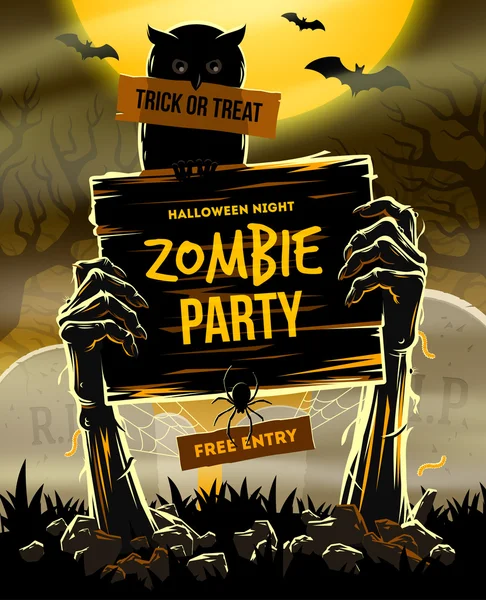 Halloween vector illustration - Dead Man's arms from the ground with invitation to zombie party — Stock Vector