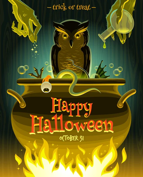 Ilustración vectorial de Halloween - bruja cocina poción venenosa en caldero — Vector de stock