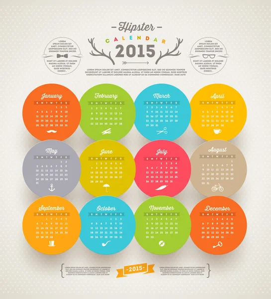 Vector template design - Calendar 2015 with hipster symbols — Stock Vector