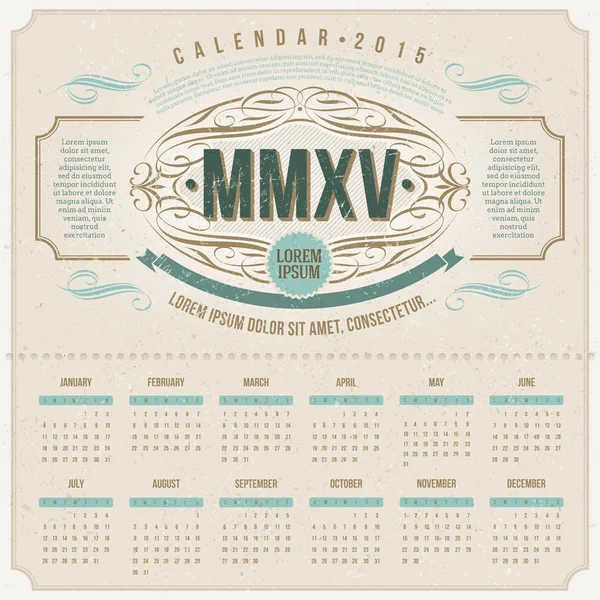 Diseño de plantilla vectorial - Calendario vintage adornado de 2015 en un cartón — Archivo Imágenes Vectoriales