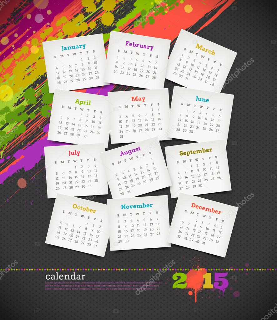 Vector illustration - calendar 2015 with grunge color blots