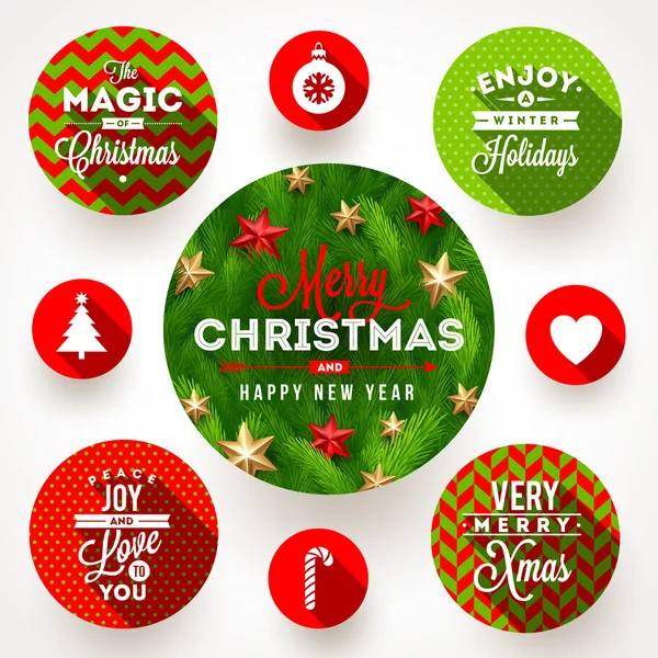 Set van ronde frames met kerst groeten en plat pictogrammen met lange schaduwen - vectorillustratie — Stockvector