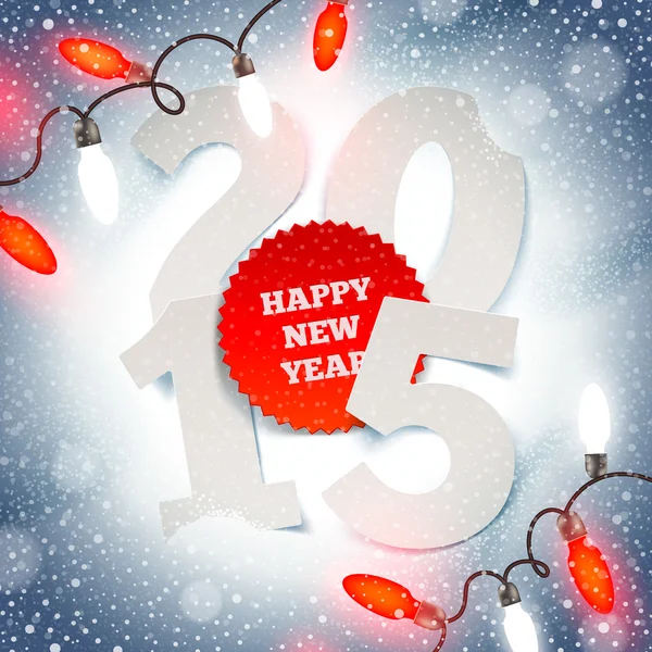 Novoroční pozdrav ilustrace - číslo roku papíru na sněhu a vánoční světla — Stockový vektor