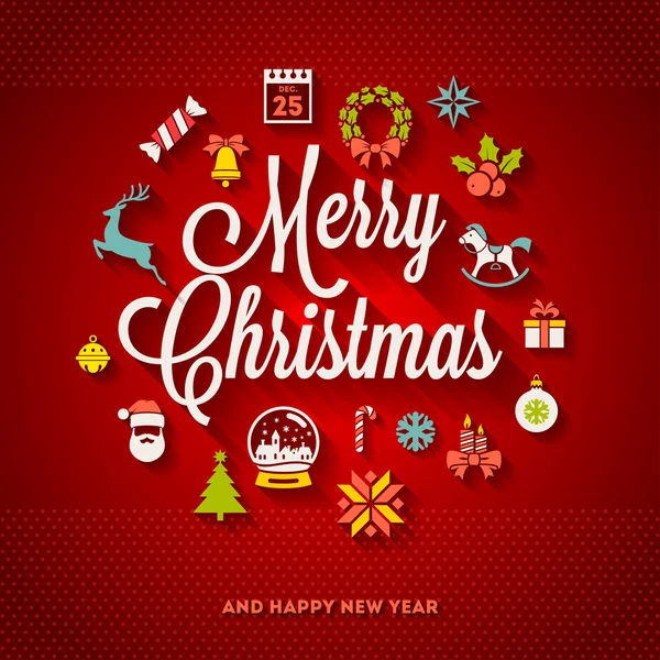 Christmas greeting vector ontwerp - vakantie letter en plat pictogrammen met lange schaduwen — Stockvector