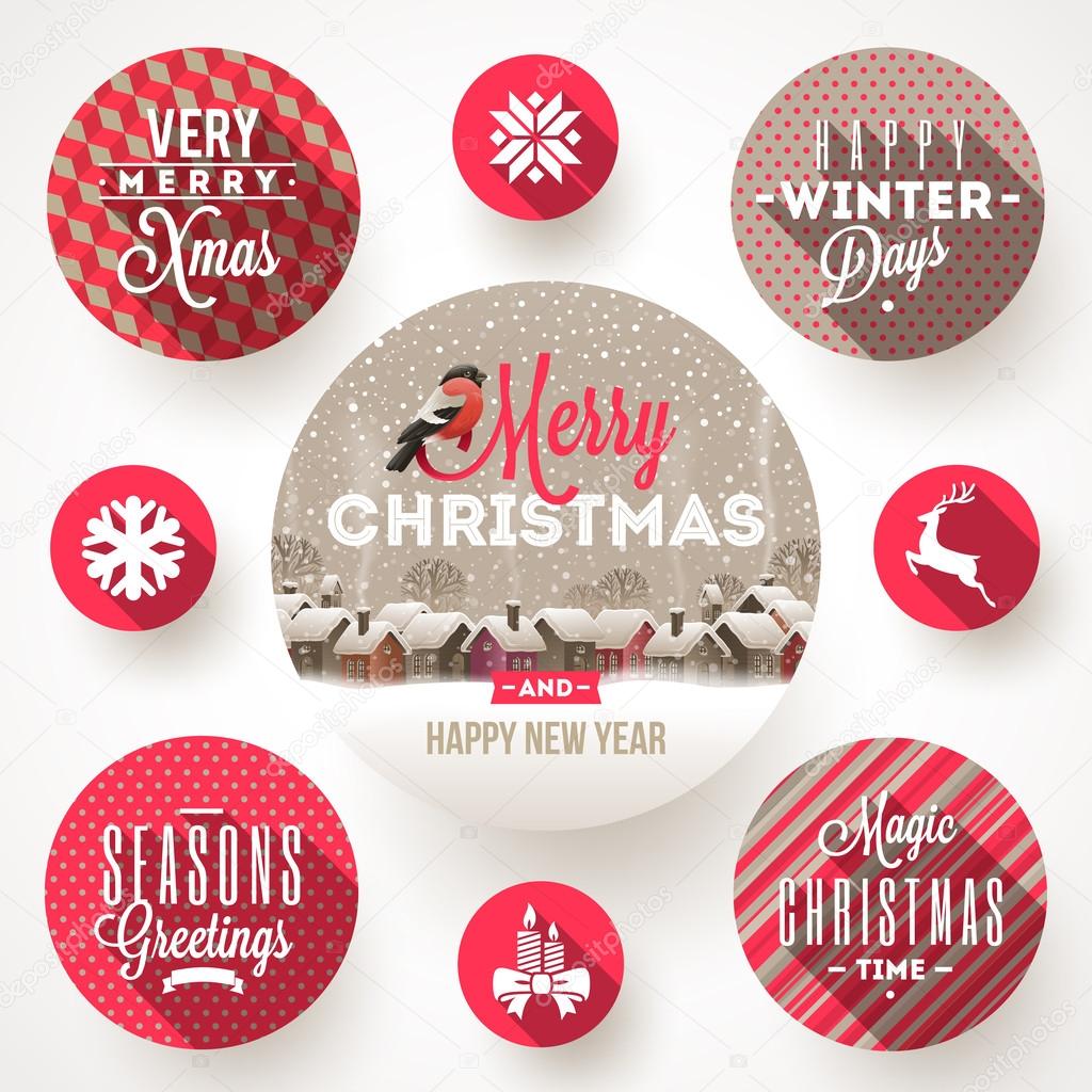Set of round frames with Christmas greetings and flat icons with long shadows - vector illustration